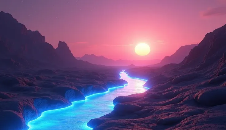 /imagine prompt: A Martian landscape at sunset, glowing blue river winding through rocky terrain, surreal lighting creating a dreamlike effect, distant alien mountains and faint stars visible in a gradient purple-orange sky, hyper-detailed textures, cinema...