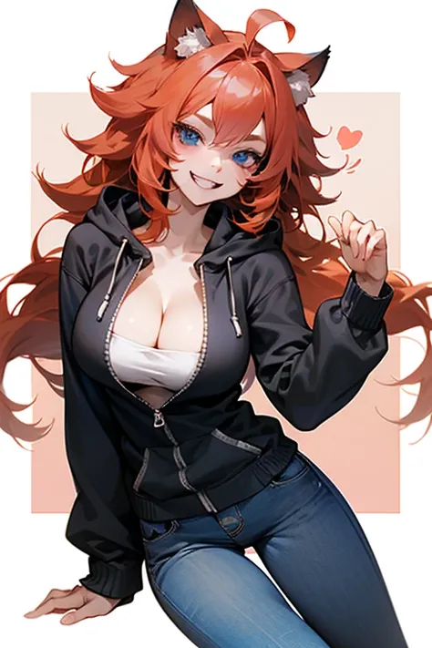 Mereoleona 、grin、bangs,  cowlick at the top of the head 、Big Breasts ,cleavage 、blue eyes, Thighs、look at me, Anatomically Correct ,she haves fang ,Line of sight,pants, smiles,  cat ear hoodie, 