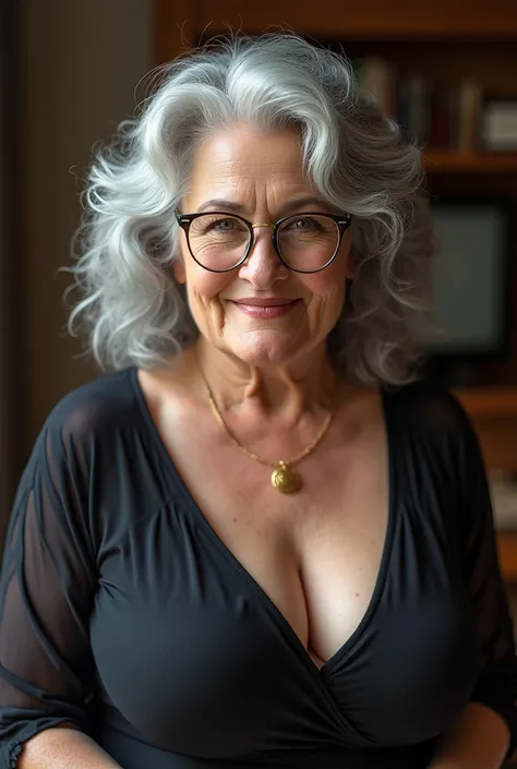 A Middle-Weight Grandmother,  with long gray hair ,  very beautiful who doesnt look her age , with a sexy figure ,  very large breasts that stand out in an erotic way and lenses, smiling kindly ,