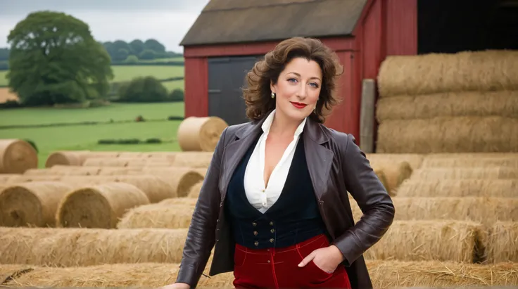 Caroline Quentin when she was young, 35 years old, long aurburn hair, brown eyes, red lipstick, light blue eye shadow, very large breasts, very large cleavage, smile, with a composed and authoritative demeanor, wearing a low red velvet waistcoat, black lea...