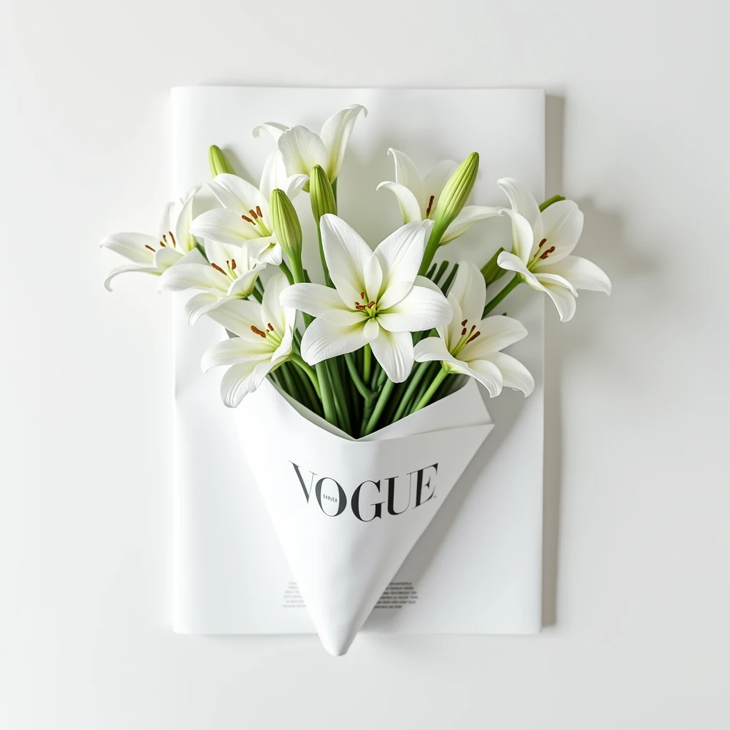  Visao de cima. Minimalist image of a bouquet of white lilies wrapped around a white Vogue magazine sheet. This bouquet is on top of a white plaster table , 4K, light and shadow