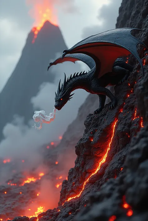 photorealistic black medieval dragon with leathery wings and smoke coming from its nose crawling down the side of a glowing volcano with white smoke and glowing red rocks 