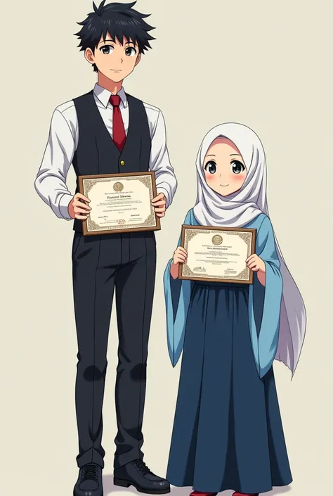 anime style, full body photo, 

the tall boy wear
- white long sleeved shirt
- black vest
- red tie
- black long pants

the shorter girl wear
- white hijab
- light blue long blouse until the ankle
- dark blue skirt

each one of them holding their own certi...