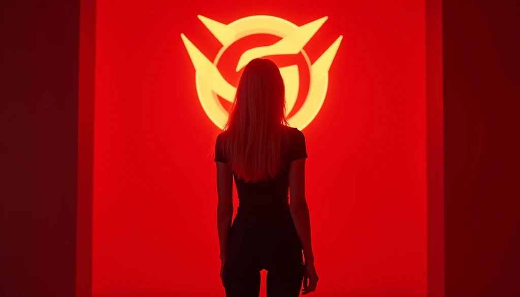 A blonde woman backside shot standing in front of light logo with futuristic dark black wear, empty dark red background, studio lighting, red light ambient, looking to logo, zoom out view, full view,
