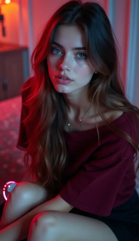 Stunning lady, deep blue eyes, sitting in front of a phone camera attached to led ring
1girl, High Resolution, long hair, Looking at viewer, Blue eyes, Parted Lips, real life photo, burgundy red blaus, black skirt