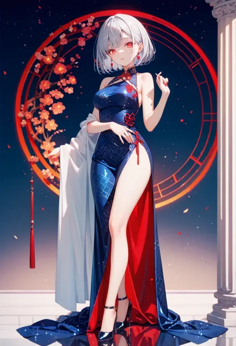 intricate details, delicate features,1girl, Alone,silver hair, red glowing eyes, bob cut sharp facial features, breasts,porcelain skin,1girl, solo,jacquard dress ,high heels,night view,moon