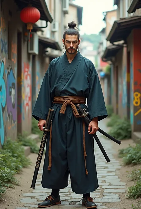 Un image du style endo. En couleurs pastelles. Un samourai blanc de 30 ans. Il a les cheuveux bruns,  longs, attachés en bun. Il a une barde fine avec une moustache. Il est habillé en habits samourai traditionnel et a trois katanas. Il se tient debout avec...