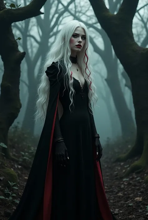 Chciała być kobiete ( wampirzycę ) shes supposed to have white hair ,  red shiny hair and shes supposed to be .         Dressed in black shes supposed to be in a dark forest