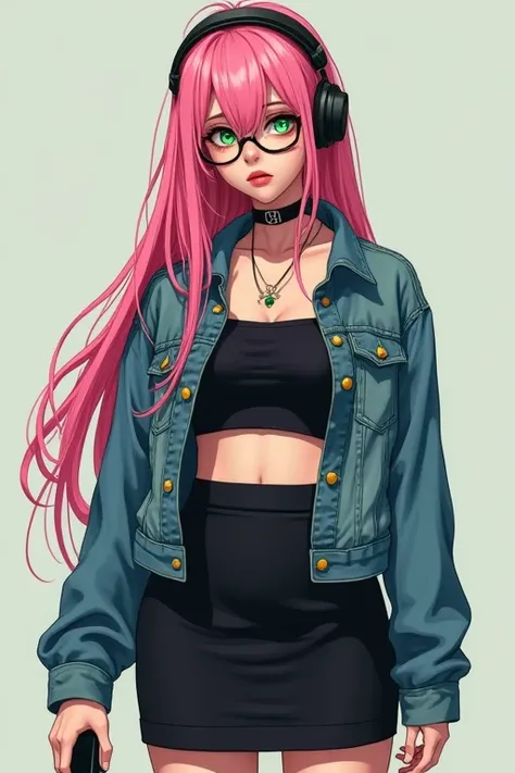 woman,  long pink and green hair , eyes with heterochromia,   with green left eye  , red right eye, decide, with anger, cropped black dress , denim jacket over the top  ,   black skirt and wearing boots  ,   wearing headphones and glasses, with a phone in ...