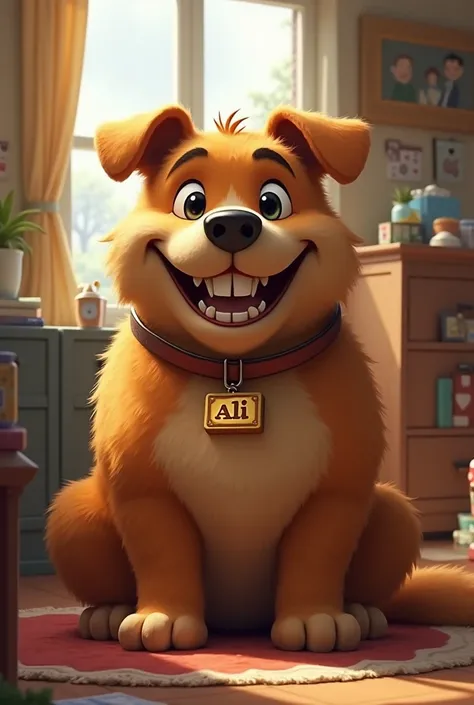 A big fat dog sitting in a messy roam and looking at the camera and smiling with a collar and a really big name tag written Ali