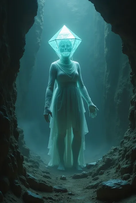 a diamond-shaped figure fell out of the dungeon .  The figure looks like a mutated person, its large and out of proportion, her body is transparent and instead of her face shes a diamond sign shes big and awful 