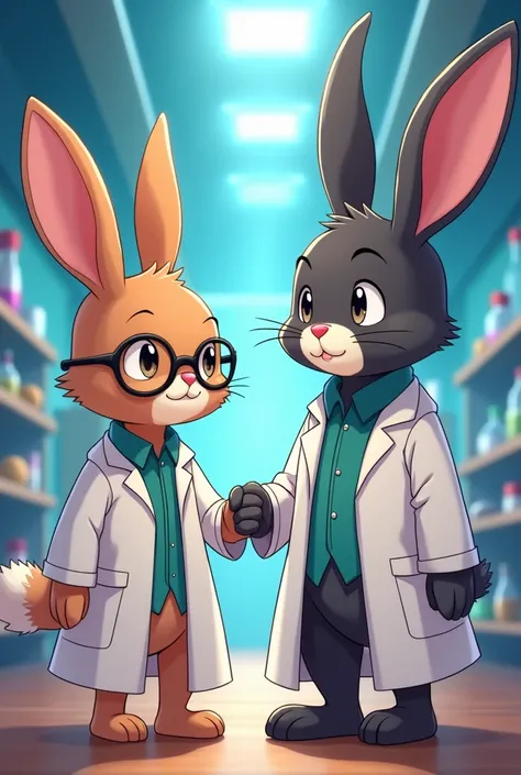 A brown female scientific rabbit and a black male scientific rabbit holding hands.  anime style