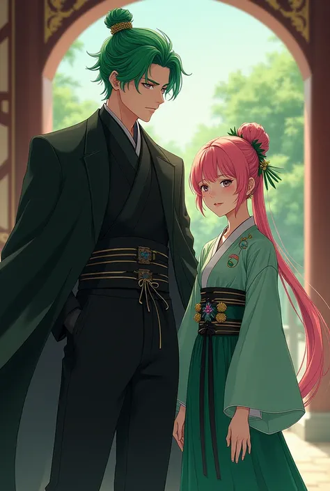 The bodyguard of a mature pink-haired girl from the Joseon Dynasty, a mature boy with bright green hair in black.