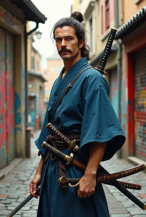 Un peinture du style endo. En couleurs pastelles. Un samourai blanc de 30 ans. Il a les cheuveux bruns,  longs, attachés en bun. Il a une barde fine avec une moustache. Il est habillé en habits samourai traditionnel et a trois katanas. Il se tient debout a...