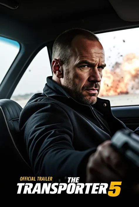 Create a poster for the movie "The Transporter 5"
The image has a main color tone of gray, black and white, creating a sense of action, tension and drama. The image composition focuses on the main character driving and holding a gun, along with the image o...