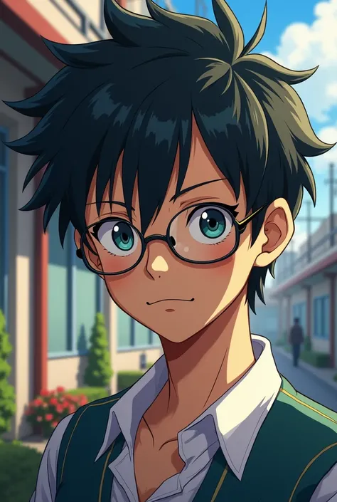 Make a male high school student with sleek eyes and small horn-rimmed glasses like a character in the anime One Piece, and the background looks like an anime One Piece 