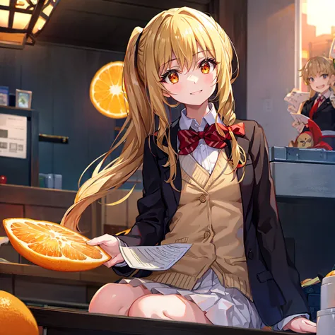 1 girl, twintails, long hair, blonde hair, black ribbon, = =, smile, diamond mouth,
red diagonal-striped bow, blazer, open blazer, cardigan,
kotatsu, mandarin orange, yunomi,
masterpiece, best quality, very aesthetic, absurdres, ultra detailed, UHD, 8K, hi...