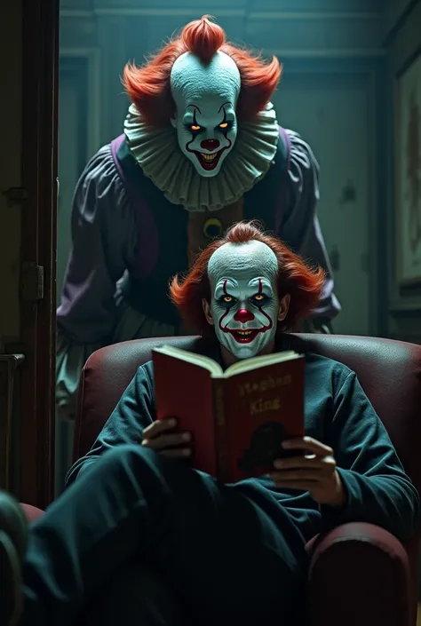  The  is reading a book by Stephen King, meanwhile the evil clown laughs at him 