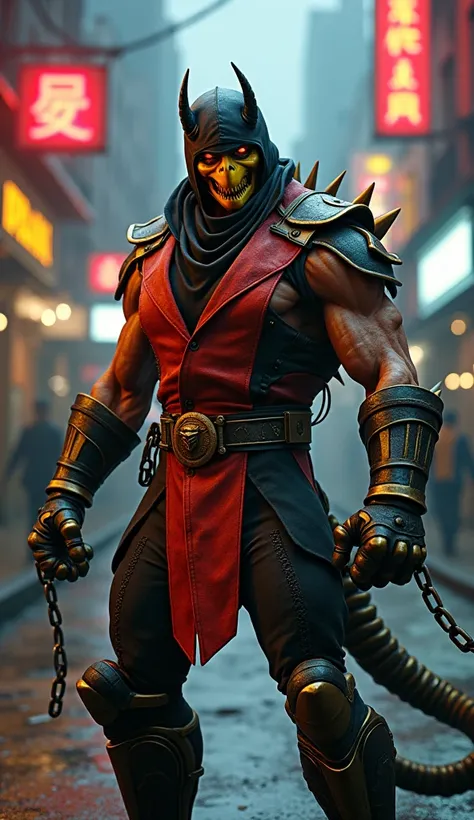 "A unique hybrid creature combining features of Scorpion from Mortal Kombat and Terry Bogard from Fatal Fury, standing in an urban street setting with neon signs glowing in the background. The hybrid has Scorpions black and yellow ninja armor blended with ...