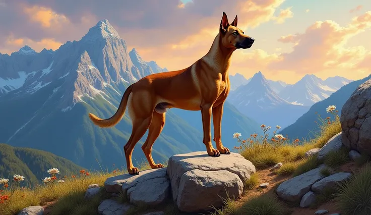 "An exquisite oil painting of a brown dog standing proudly on a rugged rock formation. The dog has subtle, faint black stripes adorning its sleek body, adding a touch of wild elegance. It gazes forward with a calm and contemplative expression, exuding stre...