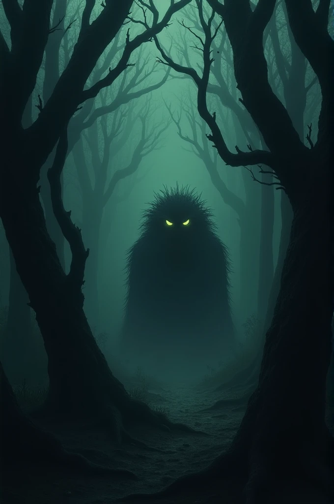 Dark  creature with toxic eyes in the foggy forest   looking from long distance behind the tree