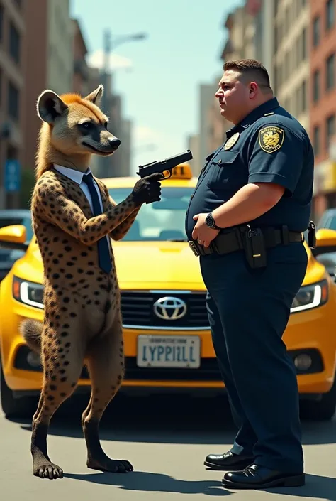  Taxi hyena holds a gun on a fat policeman, yellow car 