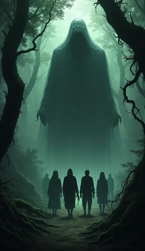 Shadow standing behind a group of people from behind in forest scary atmosphere