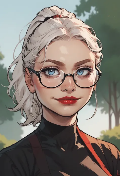 1girl, solo, glasses, red nails, red  looking at viewer, blurry background, nail polish, blurry, black shirt, makeup, blonde hair, blue eyes, black-framed eyewear, lipstick, shirt, , round eyewear, upper body,  , long sleeves, ponytail, nose, breasts, smil...