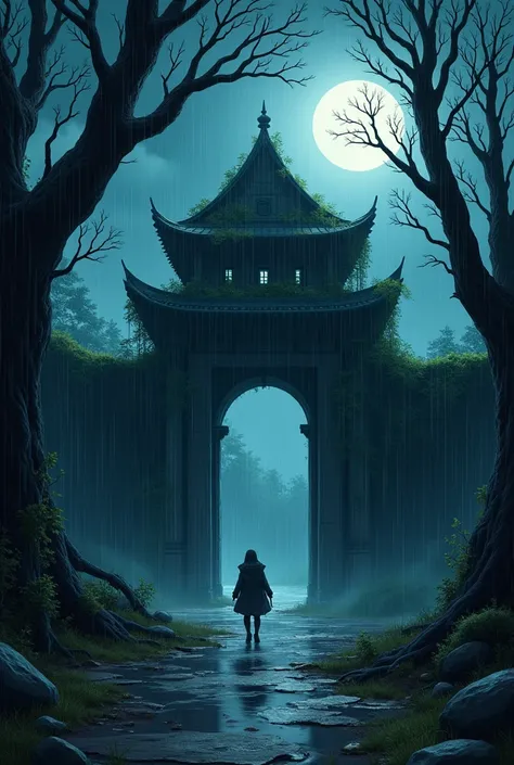 Create one of an abandoned temple on a rainy night in an anime style.