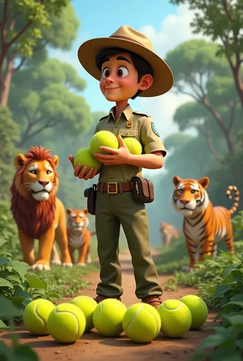 Animated image of a park ranger who has 10 tennis balls in total and with lions and trigers