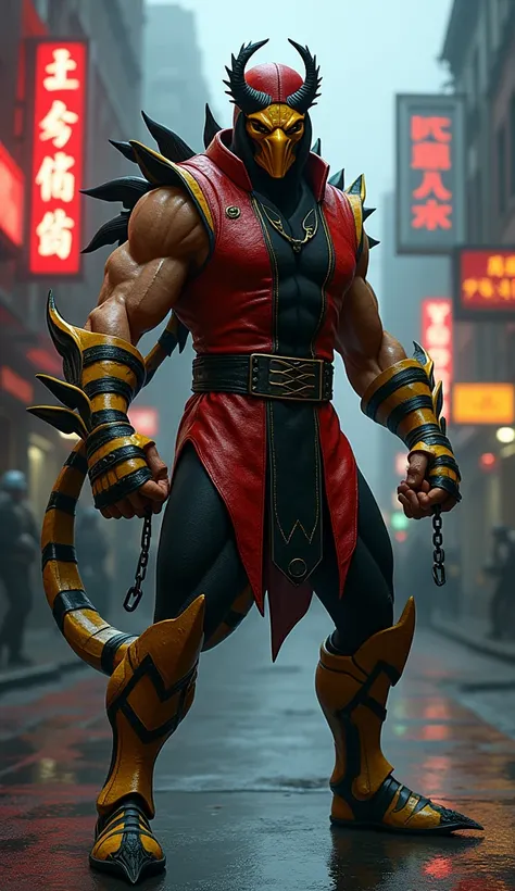 "A unique hybrid creature combining features of Scorpion from Mortal Kombat and Terry Bogard from Fatal Fury, standing in an urban street setting with neon signs glowing in the background. The hybrid has Scorpions black and yellow ninja armor blended with ...