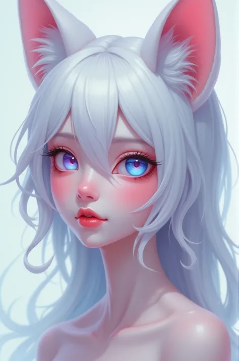 A woman with pink base and pastel purple and light blue eyes and fox ears