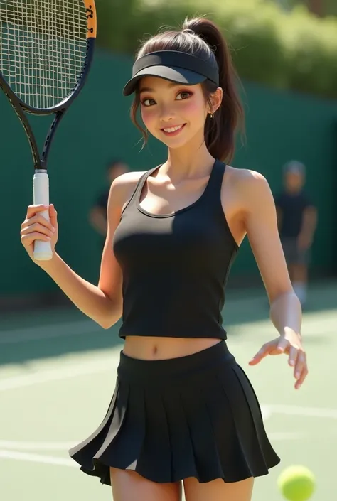  realistic ，Tennis Player，Black tennis wear，racket， beautiful woman，20 years old， skirt，Asia，Roll it up，smile， ponytail