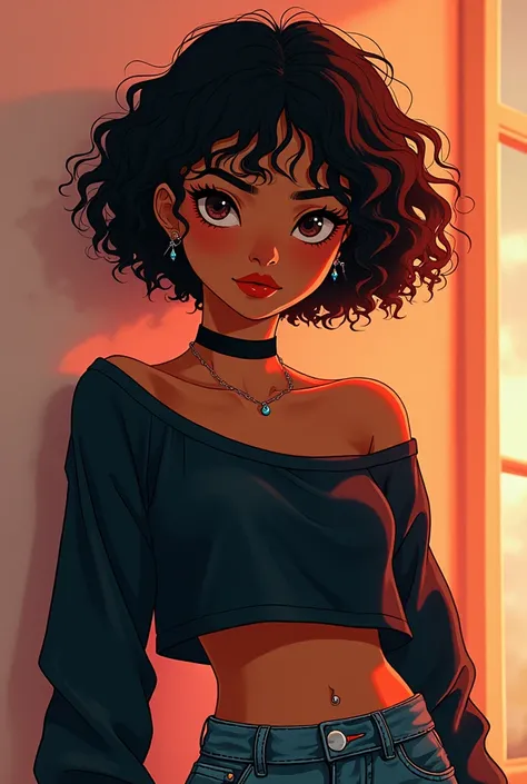 Create an anime style dark skinned girl with warm tones and dark cropped long sleeve top with piercings and a short curly hair