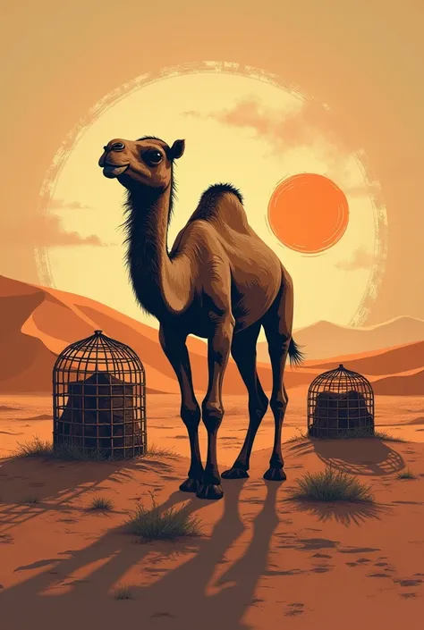 Create me a design for a t-shirt that shows the outline of the Sahara desert with a sun and a camel and cages