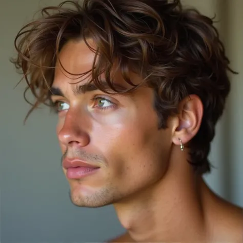 Cute hot sexy light tan-skinned guy  with light brown mid-length hair, his hair left in messy waves to his jaw, and his almond eyes color are espresso. his side profile with his slim nose with the straight bridge, subtly upturned defined tip, and the smoot...