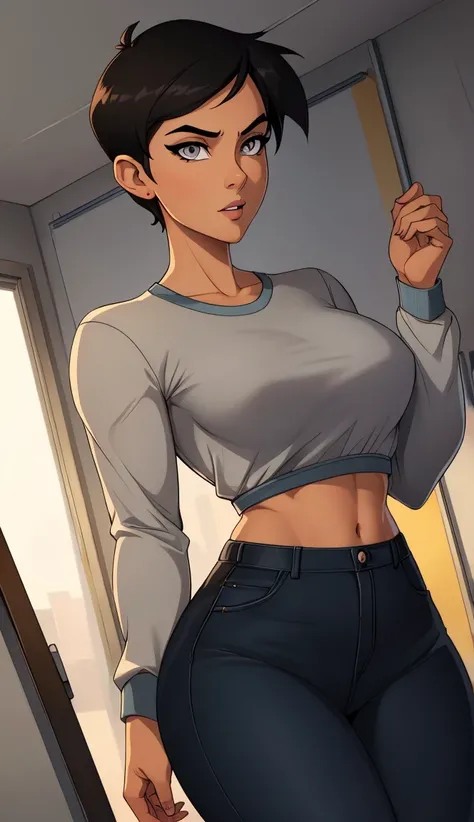 ((ultra quality)), ((masterpiece)), Lois Lane, short stature, ((black short hair tomboy hairstyle)), (Beautiful face), (beautiful female lips), (), charming, ((sexy facial expression)), looks at the camera, eyes slightly open, (light skin color), (light sk...