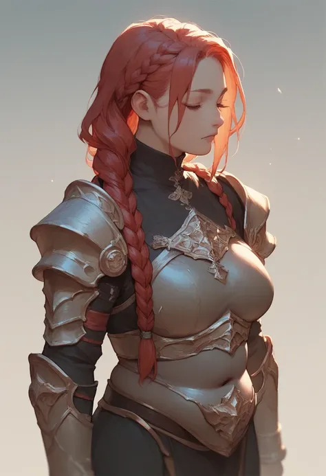  Anime Style,woman,Chubby character ,red hair, Long hair, braided hair ,   black clothes with red ,fantasy Clothes ,  some simple parts of armor