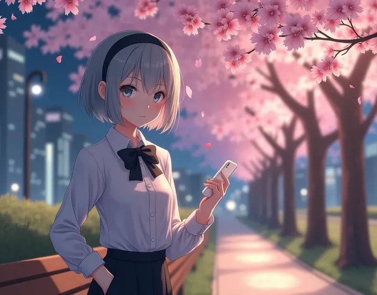  Female character with short gray hair . s hair is soft and calm, ,  Wearing a black headband on top of the head adds a sophisticated look . } Night view of the city faintly visible from a window or monitor .  has a round face, bright, clear skin, , Has la...