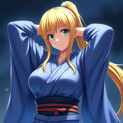 artoria pendragon, artoria pendragon (fate), saber, long hair, blonde hair, green eyes, ponytail, ahoge, large breasts, 1girl, solo, cleavage, japanese clothes, blue kimono, hoari, arms behind head, night time, masterpiece, high quality, ultra details, per...