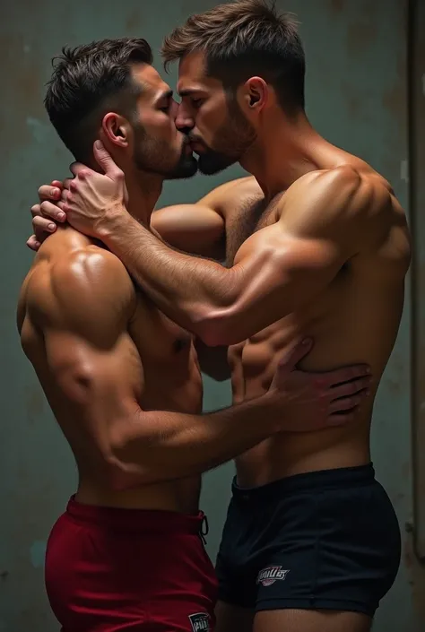 Two 35 year old toned, hairy and muscular males wearing tight afl footy shorts. They are kissing.