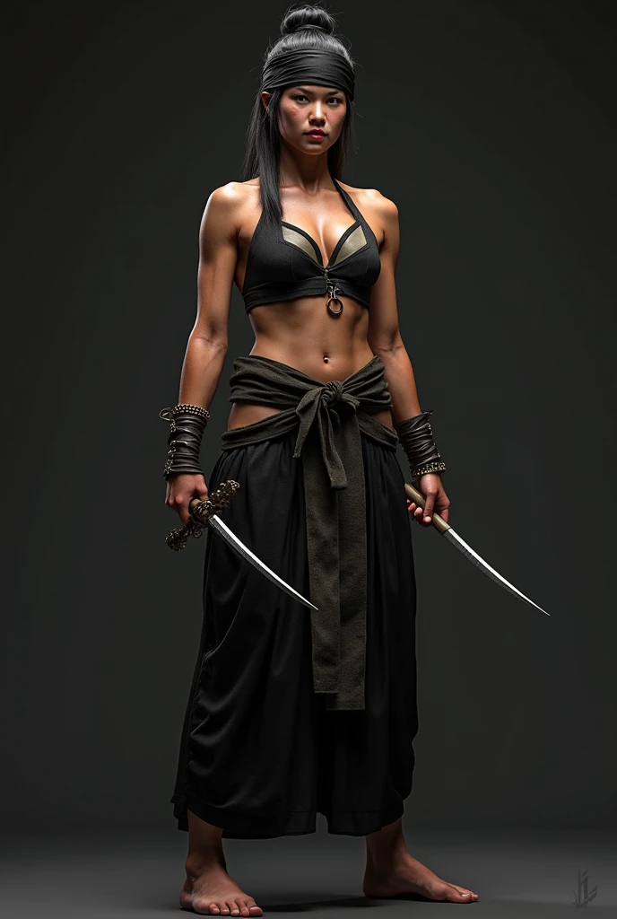 A full-body character model of a beautiful tall woman buxom as classic traditional Indonesian female martial art with tied her hair with a bandana-like black cloth her black hair on middle white background, with and an ancient attire traditional java femal...