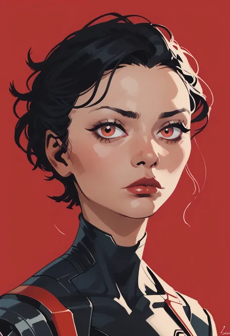 1girl, solo, red background, red eyes, black hair, looking at viewer, short hair, portrait, mechanical parts, parted  simple background, android,  science fiction, eyelashes, cyberpunk, makeup, cyborg, collarbone, zPDXL3,  PnyCmicXLPOS, detailxl,  (lineles...