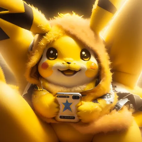 close-up of a plush toy holding a cell phone , Detective Pikachu, Real Pikachu , Surprised Pikachu , Pikachu dressed as Jesus , Cyberpunk Pikachu,  Pikachu,   Pikachu wearing a baseball cap and yellow bikini top , Mika Pikazo, Pikachu&#39;s LSD, 🐿🍸🍋, a Pik...