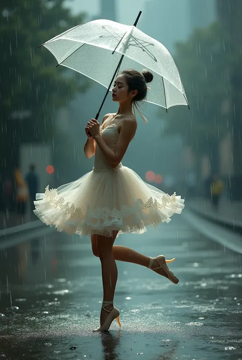 Ballerina dancing in the rain with transparent umbrella 