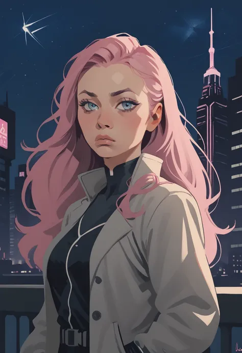 1girl, long hair, solo, pink hair, cyberpunk, neon lights, science fiction, night, building, skyscraper, sky, breasts, city, very long hair, upper body, mechanical parts, android, looking at viewer, night sky, zPDXL3,  PnyCmicXLPOS, detailxl,  (lineless, v...