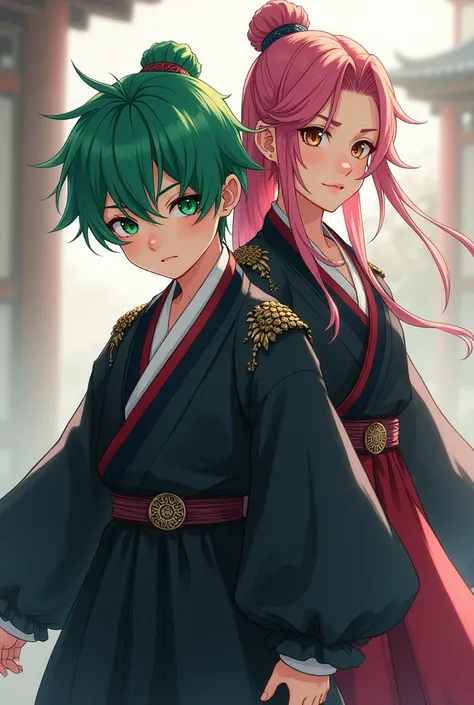  A bright green-haired boy escort in a black hanbok and a pink-haired girl bodyguard in a black hanbok