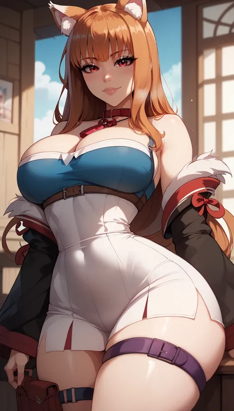  perfect eyes、 perfectly sexy face、 ultra detailed 、ultra perfect eyes、Holo、Spice e Wolf、 shiny hair 、( Big breasts ), showing cleavage、 tight waist 、 thin waist 、 Thigh straps 、 shiny skin、Beleza、erotic、series、 looking at the viewer 、