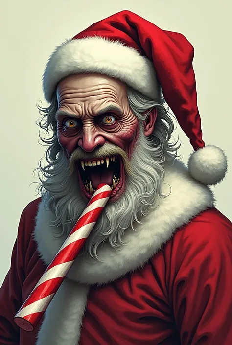 Christmas design gore ,  of Santa Clauss face and half a torso with the head crossed by a candy cane in drawing style,  not realistic and with only 4 colors of the chromatic circle 