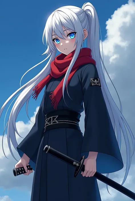 Anime girl 1m70 tall, 5 hair white eyed blue dragon wearing black haori wearing red scarf wearing a black katana sword